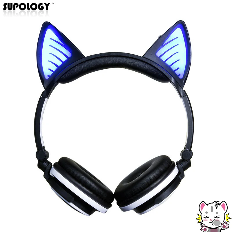 SUPOLOGY милые светящиеся наушники с кошачьими ушками Bluetooth для девочек светодиодные