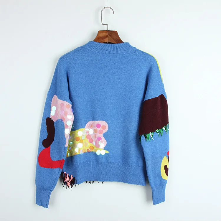 New Runway 2019 Autumn Women's Sweaters Luxury Sequined Patchwork Basic Knitted Female Loose Jumper Casual Sweater High Quality | Женская