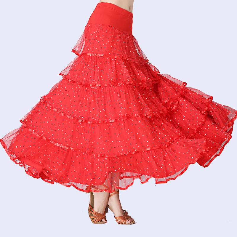 

New Flamenco Skirt Latin Salsa Flamenco Ballroom Dance Dress Skirt For Women/ Spain Sequins Waltz Tango Dancing Half Skirts