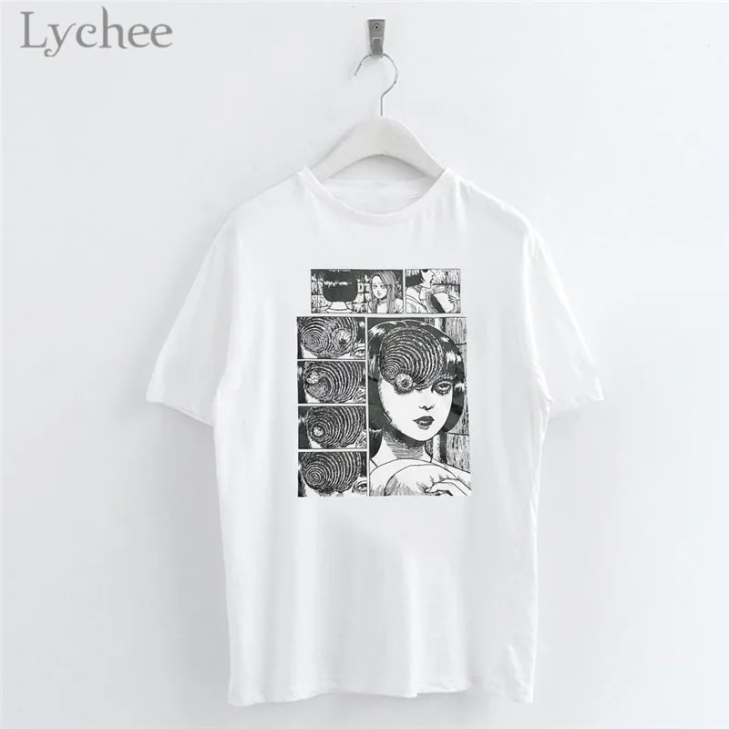 Lychee Готический аниме темная девушка мультфильм печати женские футболки повседневная с коротким рукавом o-образным вырезом белая футболка Топ женский