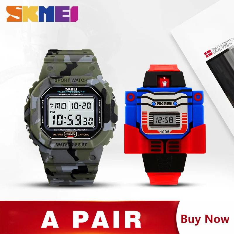 Camouflage Red SKMEI часы мужские детские Мультяшные часы модные повседневные наручные часы для отца сына Часы montre enfant homme 1471 1095 комплект - Цвет: Camouflage Red
