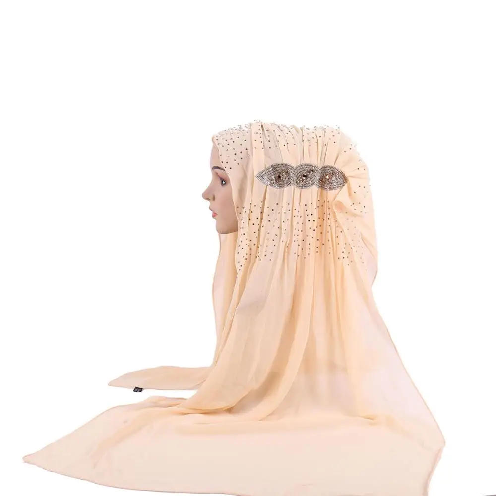 c9 beige yellow Арабских платок из однотонного шифона hijab шарф Мусульманский тюрбан Для женщин длинной мантией для изысканный заклепки декоративные хиджаб femme musulman - Цвет: c9 beige yellow