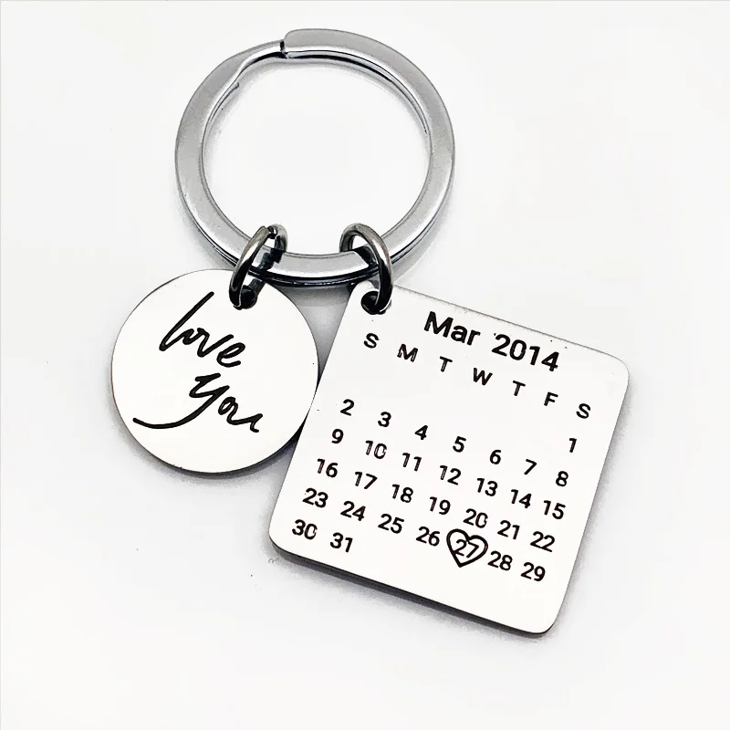 Silver Custom Личный календарь брелок из нержавеющей стали на заказ Love You Выгравированный брелок Пара ручная печать Свадебные невесты подарки - Цвет: Silver Custom