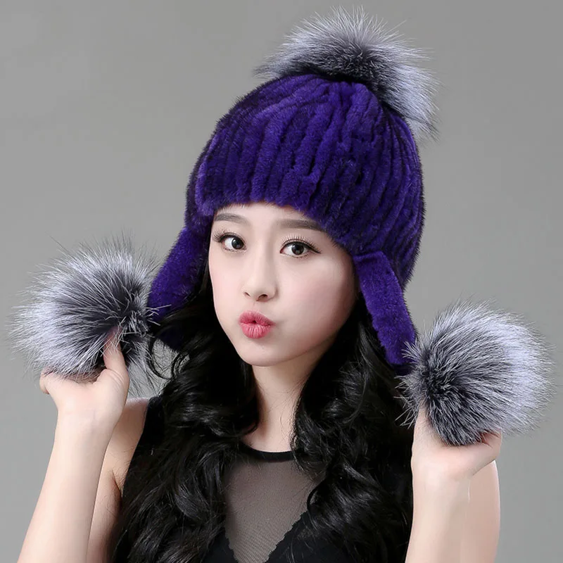 Женские зимние шапки Вязаная Шапка бини с шариком из лисьего меха женский