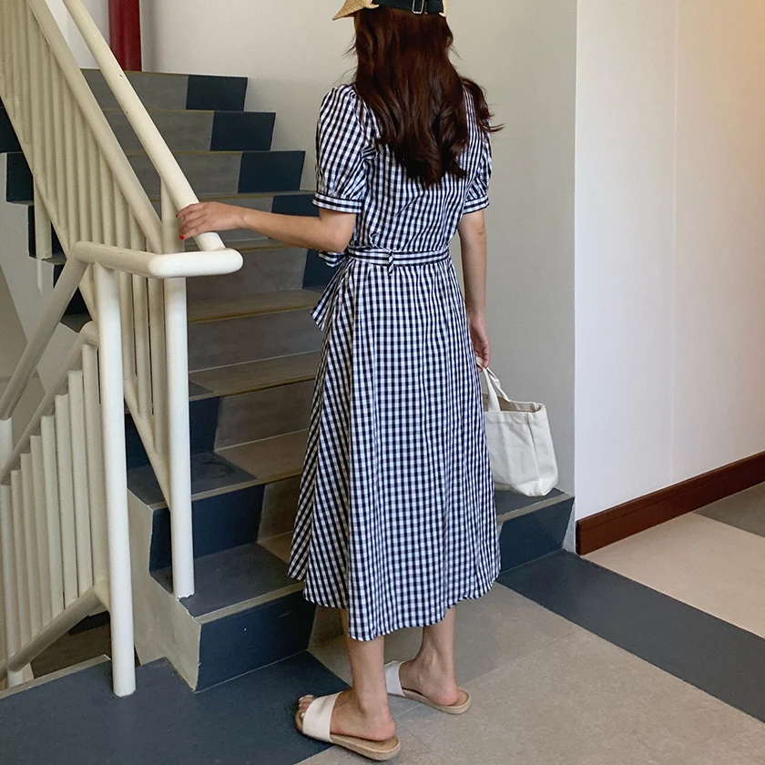 Women Summer Plaid Single Breasted Long Dress V Neck High Waist Short Sleeve Dresses Korean Style Clothing With Belt D97201F | Женская