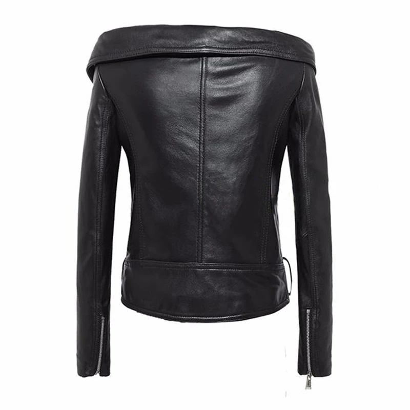 2019 Women Sexy Off Shoulder Short 100% Sheepskin Genuine Leather Jackets Slim Motorcycle Real Leather Jacket Coats Streetwear