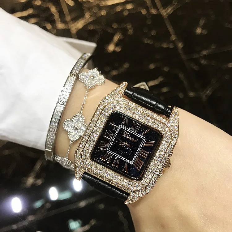 gold case black belt Топ Роскошные часы с квадратным браслетом и полностью бриллиантами, женские модные кварцевые часы с кожаным ремешком, стразы, новые элегантные женские часы - Цвет: gold case black belt