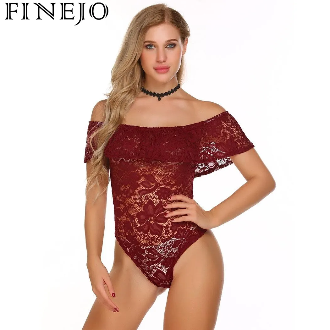 FINEJO Цветочные кружевные оборки с открытыми плечами боди 2017 новые модные летние