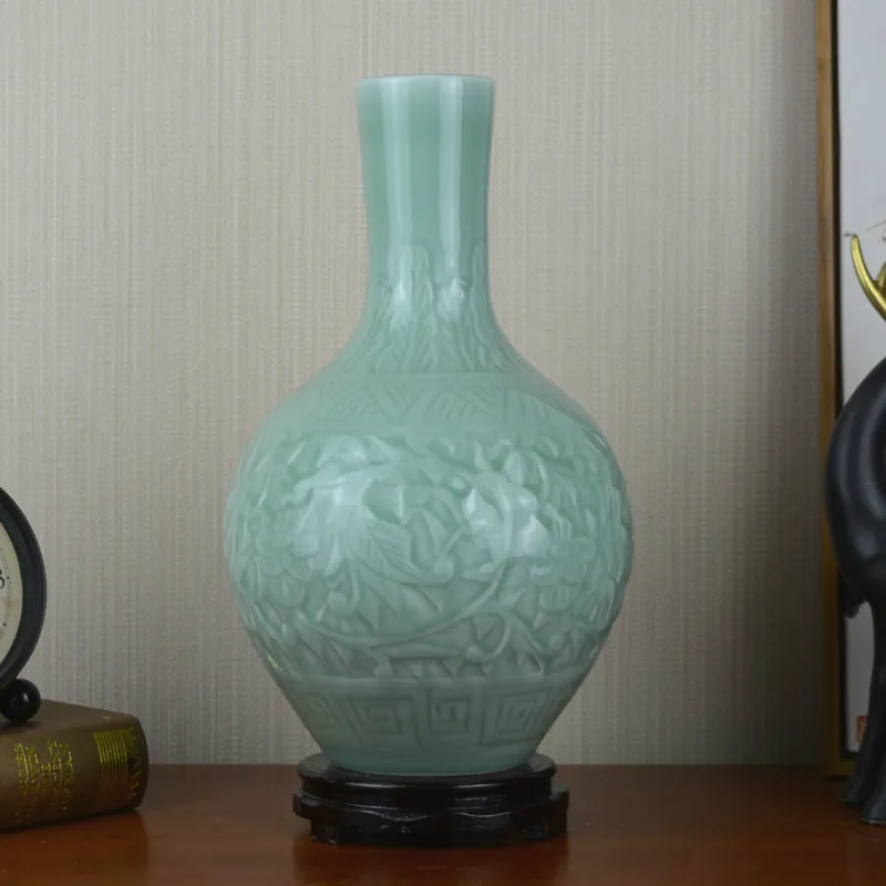 

Classic Jingdezhen Shadow Blue Celadon Handmade Carving Ceramic Decortion Flower Vase