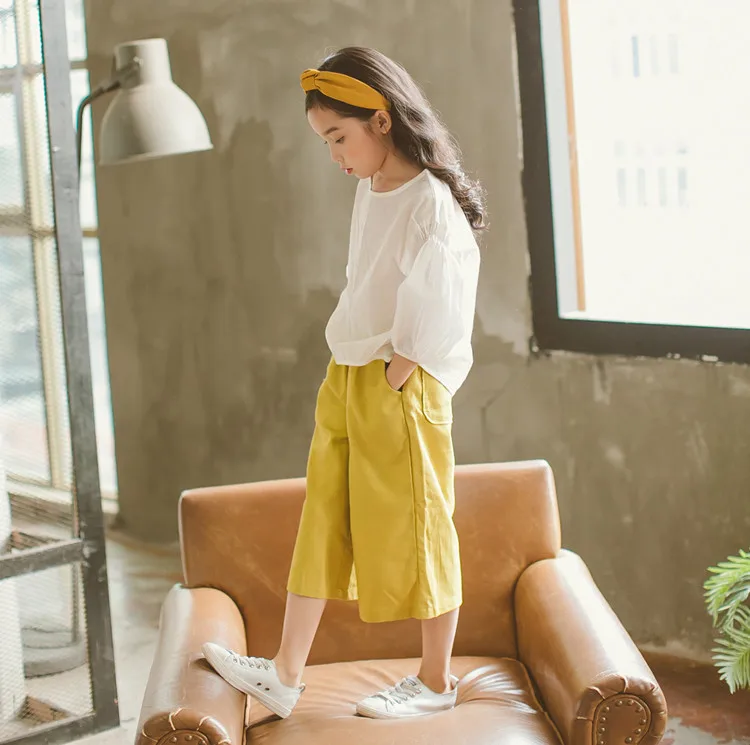 Cotton Wide leg pants sets 2 pieces girl summer clothes 2019 linen casual suits for teenage 10 12 14 year | Детская одежда и обувь