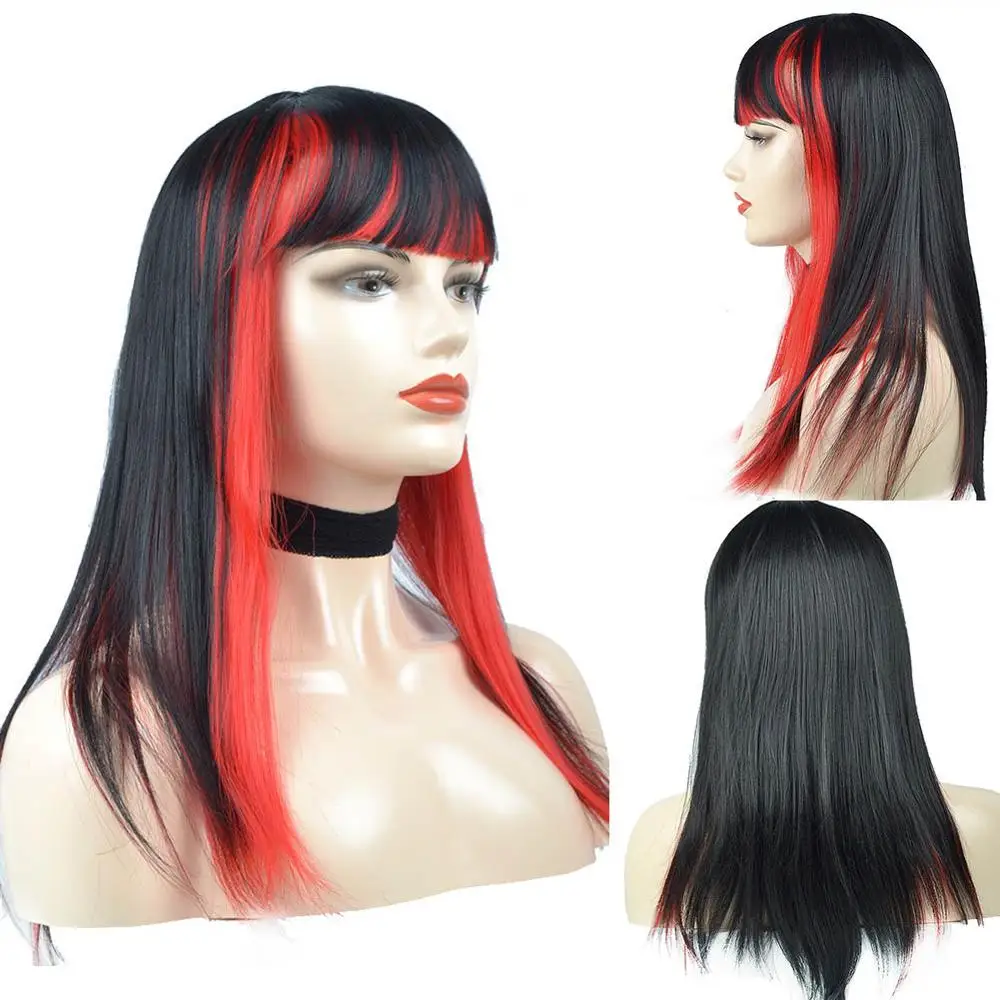 Ombre red Длинные шелковистые прямые парики с полной челкой 16 дюймов Ombre синтетические парики для женщин термостойкие волокна черный парик косплей парик - Цвет: Ombre red