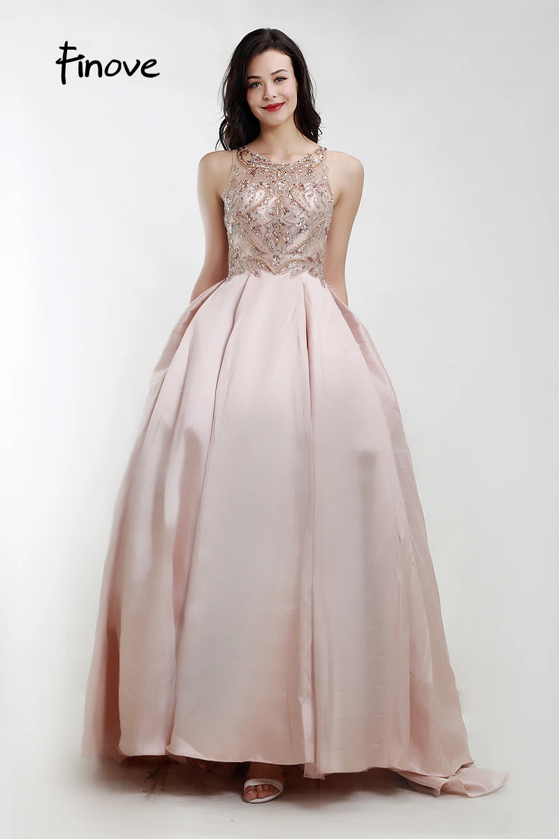 Finove Роскошные платья для выпускного вечера цвета шампанского, Robe de soiree, с круглым вырезом, с бисером, без рукавов, трапециевидные вечерние платья для женщин