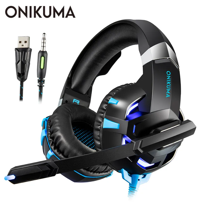 Blue No Retail Box ONIKUMA Casque PS4 Игровые наушники PC Gamer стерео гарнитура с микрофоном+ профессиональная проводная USB игровая мышь - Цвет: Blue No Retail Box