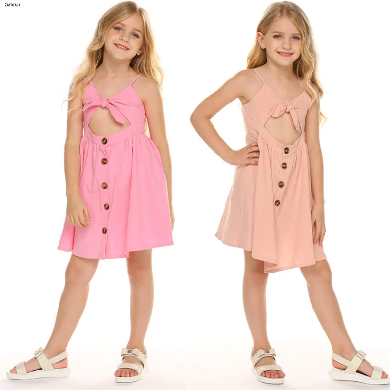 Summer Dress For Kid Girls Sleeveless A-line Princess Casual Irregular Spaghetti Strap Bow-Knot Backless Button | Детская одежда и