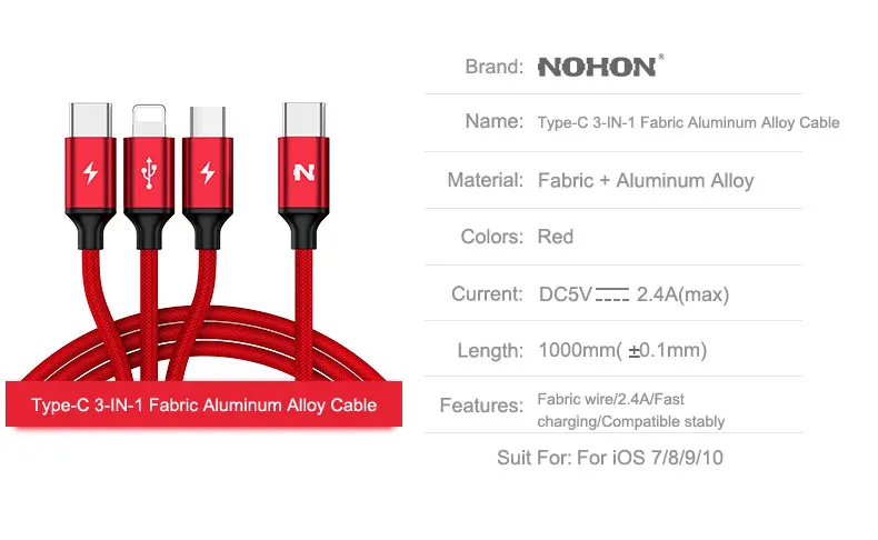 NOHON 3 в 1 type-C кабель для Apple type-C Micro USB-C кабель для iPhone 8 7 6 6S iOS 10 MacBook samsung LG быстрое зарядное устройство 2.4A