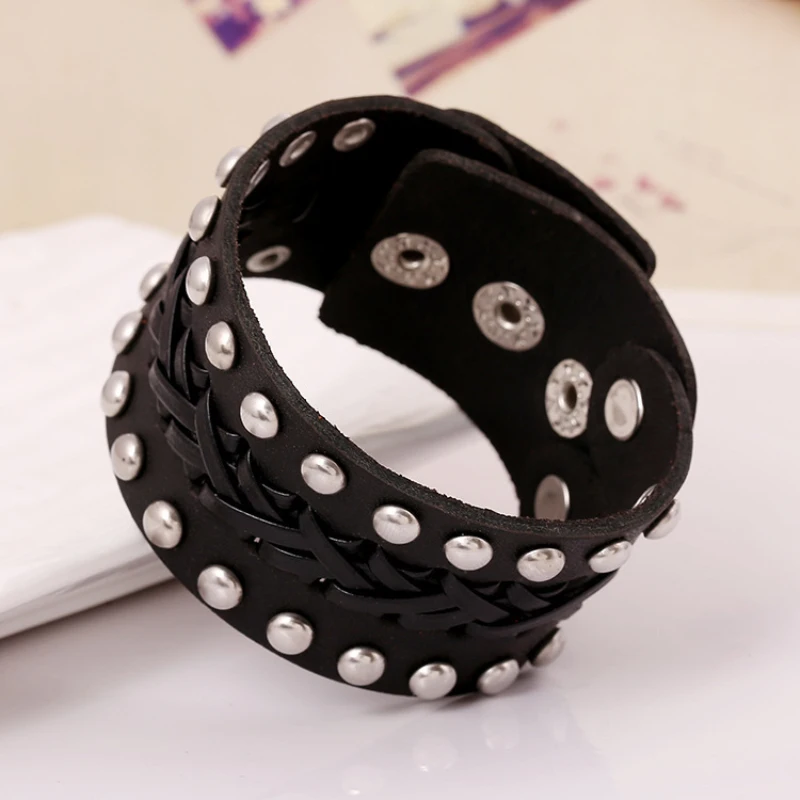 New Arrivals Retro Punk Rivet Real Genuine Leather Woven Black/Brown Adjustable Wristband Cuff Bracelets Bangles Unisex Jewelry | Украшения
