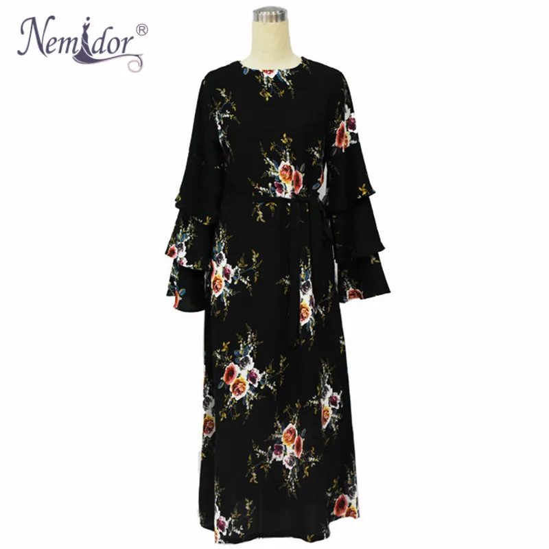 Платье Nemidor 2019 для женщин с длинными рукавами и расклешенной юбкой винтажного стиля с круглым вырезом, черного цвета с принтом, размер 7XL.