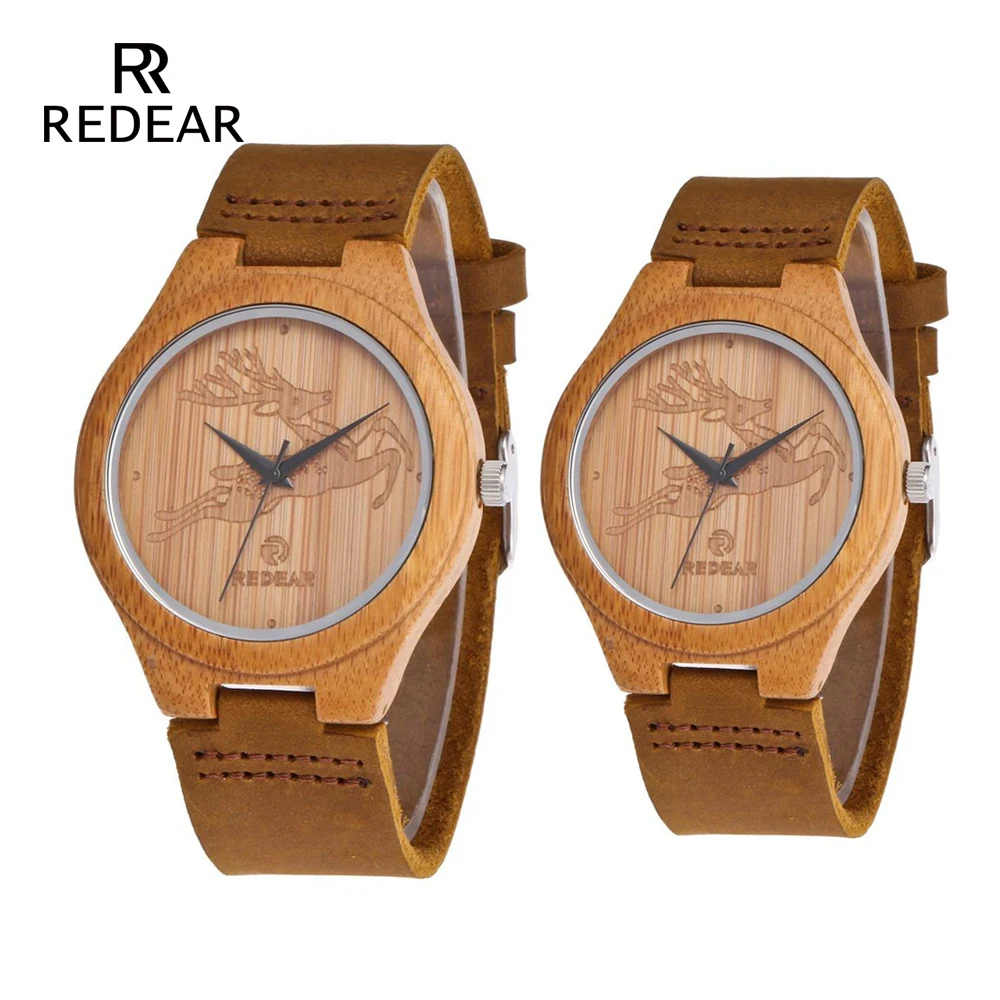 Часы REDEAR OEM His and Her в стиле оленя лося бамбуковые часы для мужчин роскошные кожаные