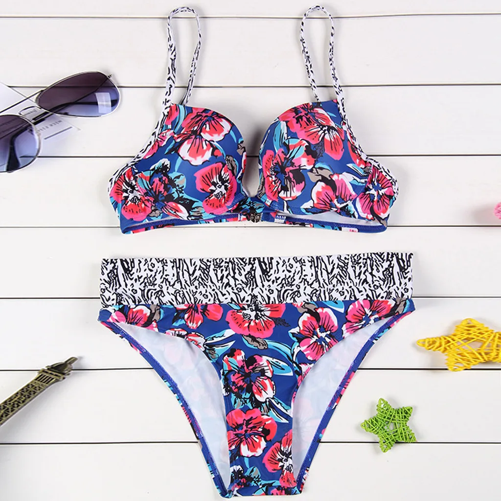 Женский бандажный комплект бикини бразильский купальник пуш-ап с принтом