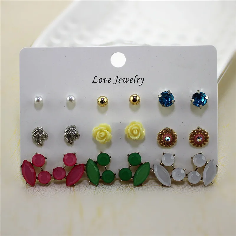 XQ fashion new plant 9 pairs / set of flowers color green white imitation pearl mixed earrings exquisite accessories | Украшения и