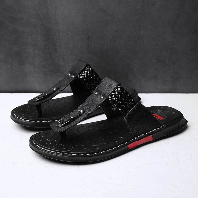 

Slippers men T-tied fish flip flops genuine leather beach sandals Summer outside comfortable leisure shoe male Non-slip Slippers