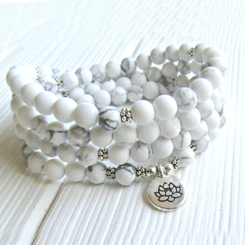 Матовые бусины Howlite Mala 8 мм 108 бусин браслет с цветком лотоса или ожерелье четки