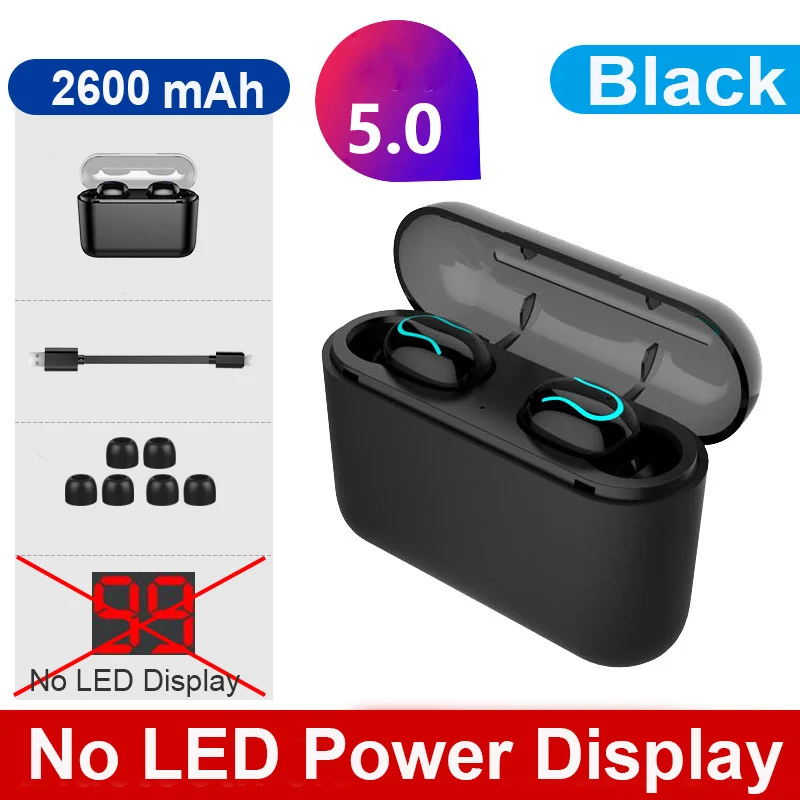 Tws V5.0 Bluetooth наушники, стерео бас, настоящие беспроводные наушники, Спортивные Bluetooth наушники, Мини наушники с 2600 мАч, Дополнительный внешний аккумулятор - Цвет: Black No Diplay
