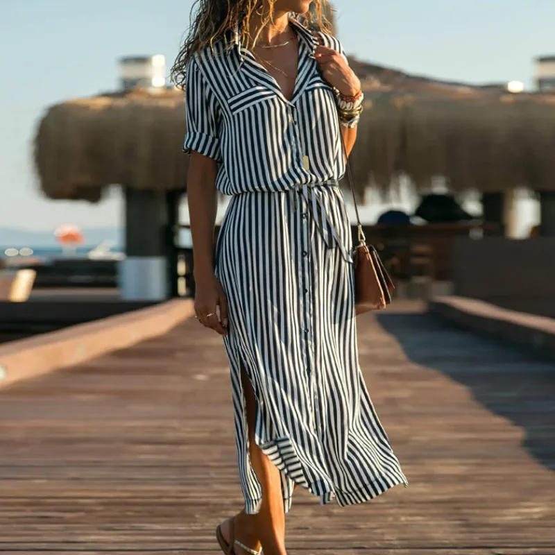 Женское шифоновое платье рубашка длинное пляжное в полоску с коротким рукавом и