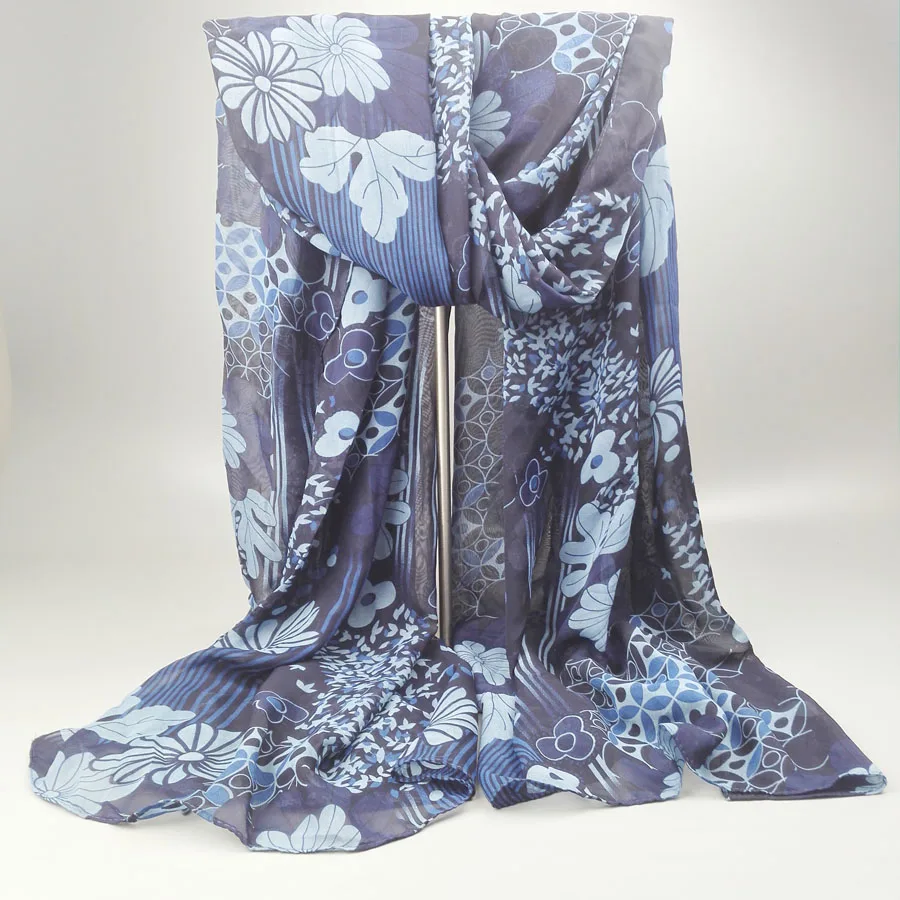 [Видимые оси] Большой размеры цветочный шифоновый шарф 2017 женская обувь синий