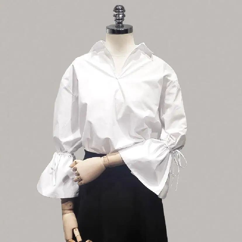 

Vintage Lantern Sleeve Blouse Women New In Fashion Split Sleeve Cuff Bow V-Neck Cotton Tops Retro Loose White Shirt