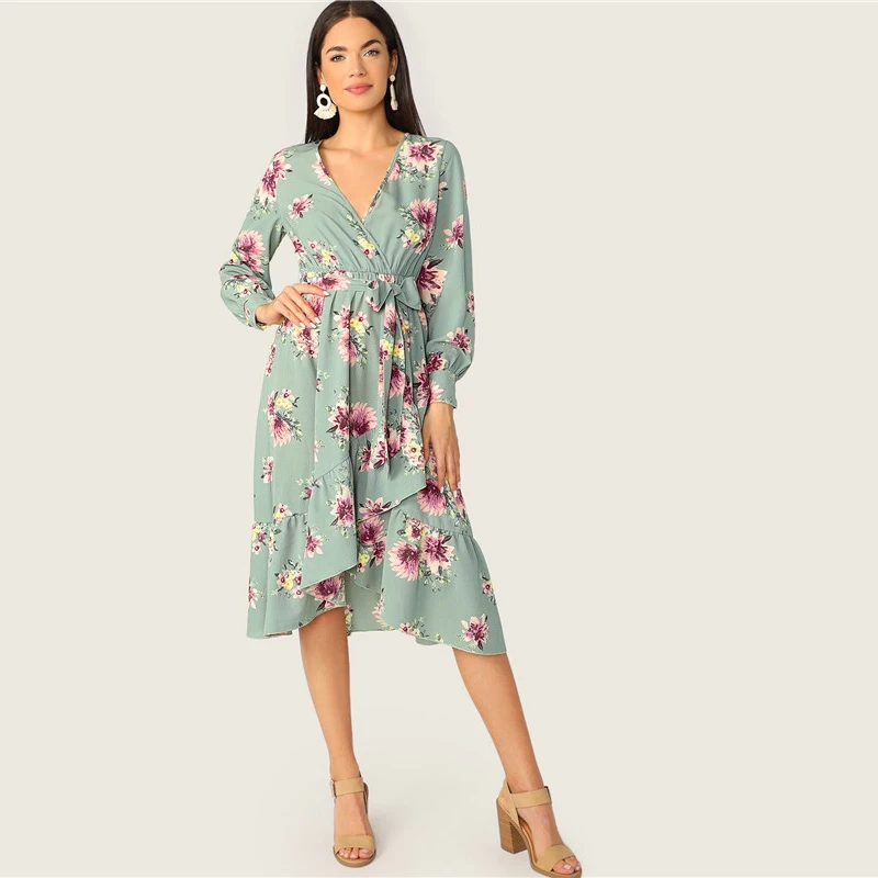 SHEIN Асимметричное Платье С Глубоким Вырезом И Длинным Рукавом Летнее Винтажное Платье С Цветочным Принтом