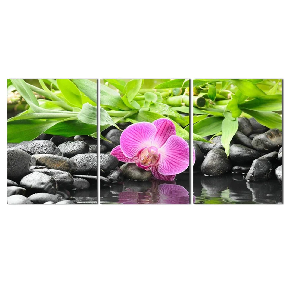 Home Decoration Posters Frame Living Room 3 Piece Flower And Black Stone Modern Painting On Canvas Wall Art Pictures HD Printed | Дом и сад