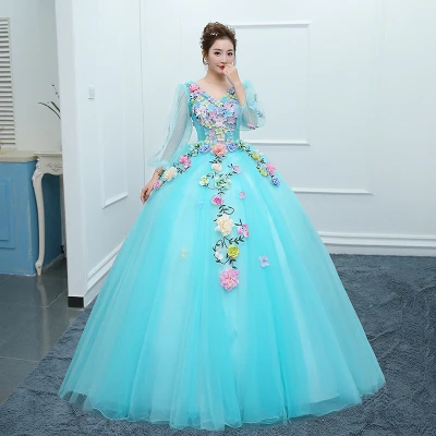 Голубое платье с длинным рукавом и цветным 3D цветком, Vestidos De 15, вечерние бальные платья для девочек, 16 платьев, Robe De Bal - Цвет: same as picture