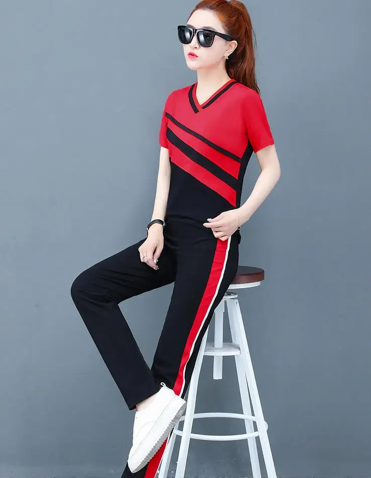 Rlyaeiz Korean 2019 Summer Fashion 2 Piece Set Women Tracksuit Casual Striped Color Patchwork T shirt + Pants Sporting Wear 4XL | Женская