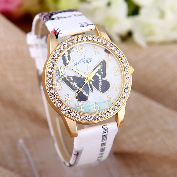 Женские повседневные часы красивые со стразами и цветком наручные с бабочкой |