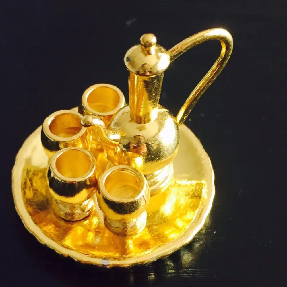Mini Metal Classic Tea Pot Cups Plates Sets Dollhouse Miniatures 1:12 Play Furniture Toys for Doll House Kitchen Accessory | Дом и сад