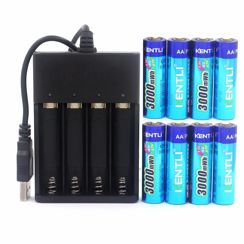 KENTLI 8 шт. AA батарея 3000mWh 1 5 v литий полимерный ионный аккумулятор + USB Зарядное
