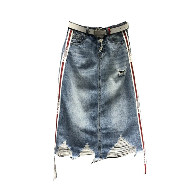 2018 Новый high street Женщины Юбки Леди Мода отверстия Империя синий деним до колен