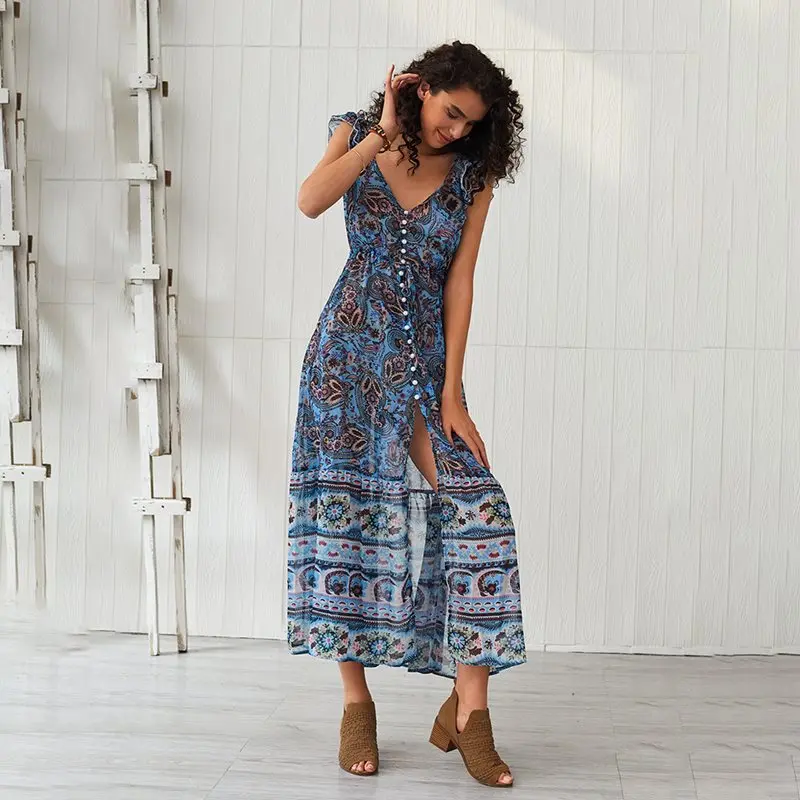 Летнее макси платье с цветочным принтом для женщин шикарный сарафан в стиле бохо