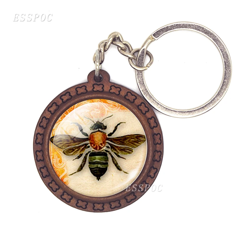 Желтый стеклянный кабошон Honeybee винтажный деревянный брелок Ключи Подвеска