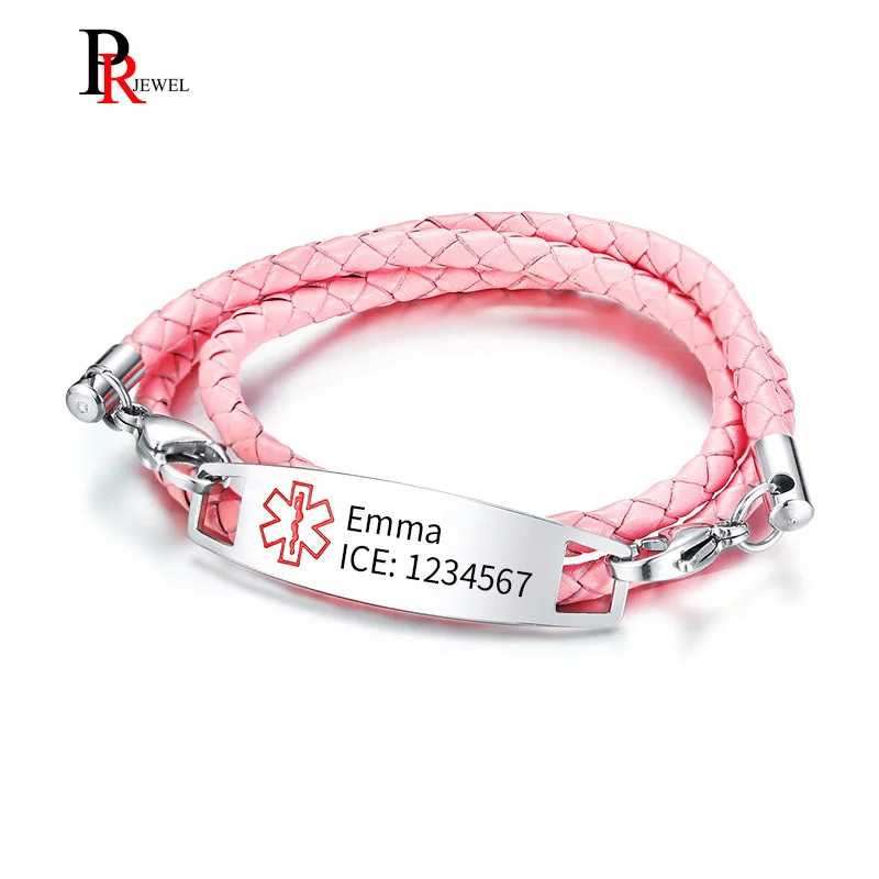 

Pink Leather Medical Alert ID Bracelets for Kids Free Engraving Name Disease ICE Info Tag Triple Wrap Bracelet