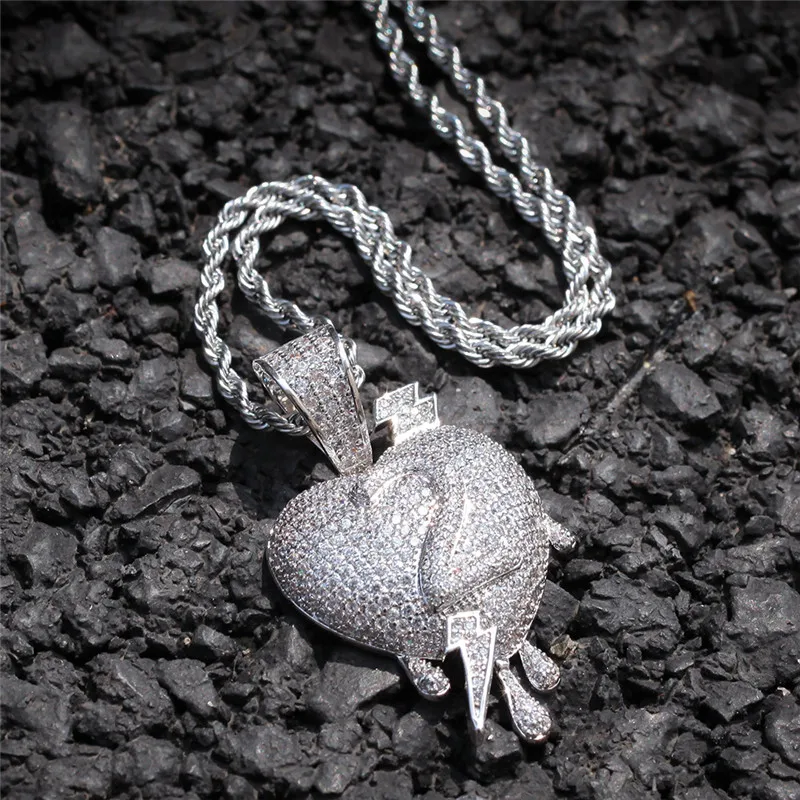 Хип-хоп ювелирные изделия Iced Out молния сердце кулон ожерелье для мужчин женщин Подарки буквы 2 капли воды сердце ожерелье