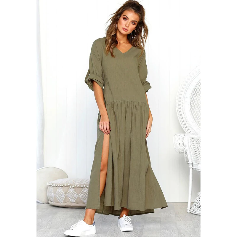 Высокая split wrap платье рубашка с поясом женщин v шеи длинное случайные свободные