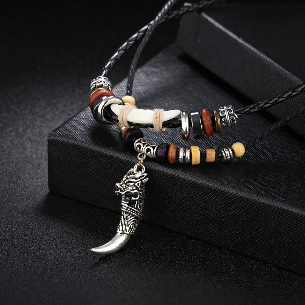 AMOURJOUX Rock Wolf Head Colored Beads Two Layers Braid Genuine Leather Chain Pendant Necklace For Women Men Long Sweater | Украшения и