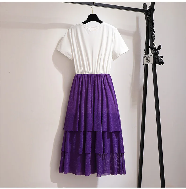 2XL-6XL, летнее женское длинное платье большого размера, повседневное, плюс размер, женское платье с оборками, фиолетовое, имитация двух частей, Платья 5XL