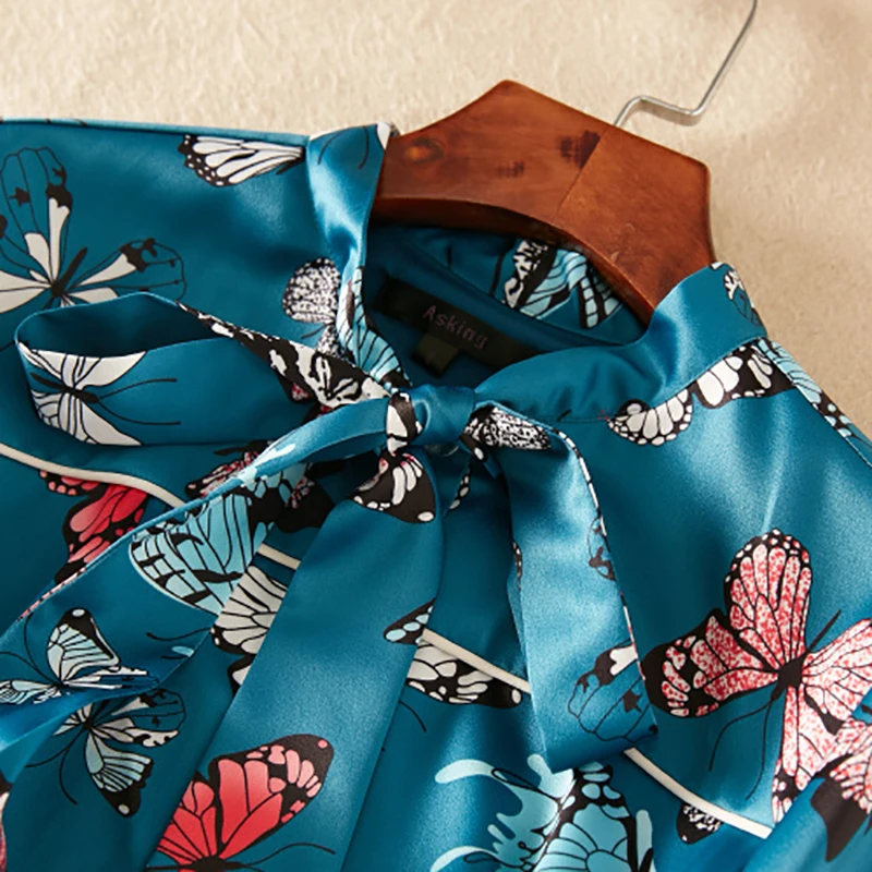 New Arrival Pretty Print Pleated Dress For Women Three Quarter Sleeve O_neck Bow Cute Blue | Женская одежда