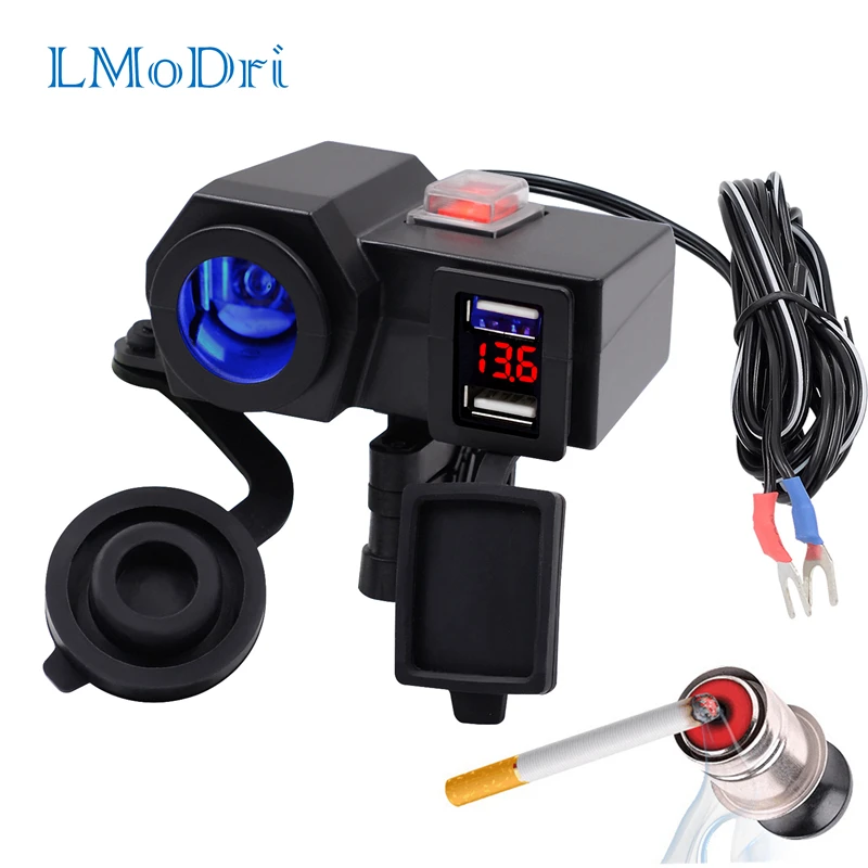 

LMoDri Motorcycle 12V Dual USB Power Port Scooter ATV Charger Adapter Cigarette Lighter Socket Outlet With Voltmeter Waterproof