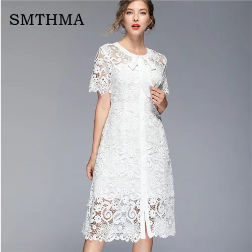 Photo Color SMTHMA Новое модное дизайнерское летнее платье для подиума женское белое кружевное платье с коротким рукавом и вышивкой vestidos - Цвет: Photo Color