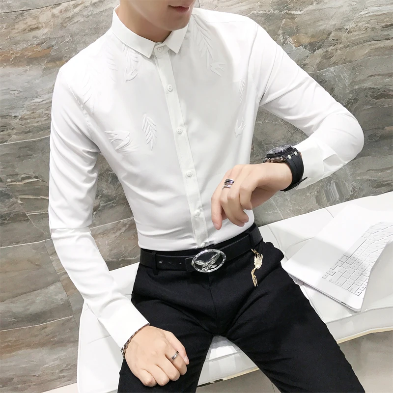 Высокое качество Для мужчин рубашка с принтом длинным рукавом Slim Fit 2018 Новый