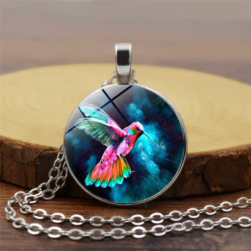 Ожерелье с подвеской из цветного стекла Hummingbird Photo Tibet серебряное кабошонное